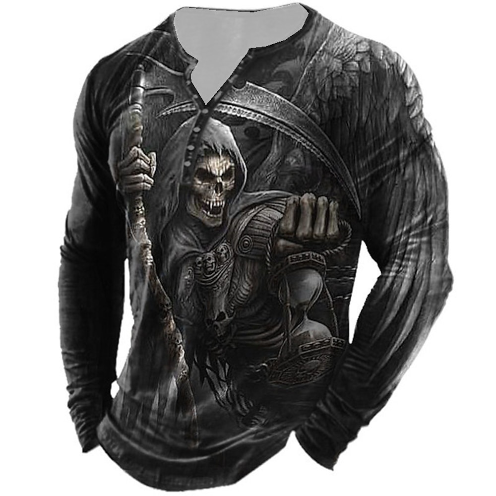 Herren Graphic Totenkopf Motiv T Shirt Henley Shirt Tee Langarm 3D-Druck Designer Basic Klassisch Outdoor Täglich Sport Frühling Herbst Schwarz Weiß Gelb Braun Grau Henley Henley T-Shirt Lightinthebox