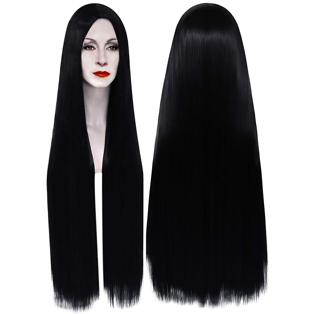 Die Addams Family, 40 Zoll, 100 cm, extra lange schwarze Perücken für Frauen, glattes Haar, natürliche schwarze Perücken für Partys, Morticia Addams Damenperücke, Karnevalsperücken Lightinthebox