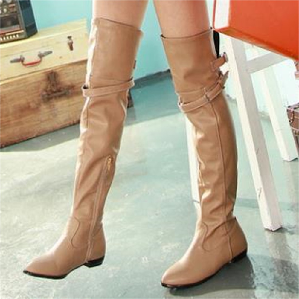 Beige Overknee-Stiefel für Damen mit seitlichem Reißverschluss und Schnallenriemen, schick und lässig für den Alltag Lightinthebox