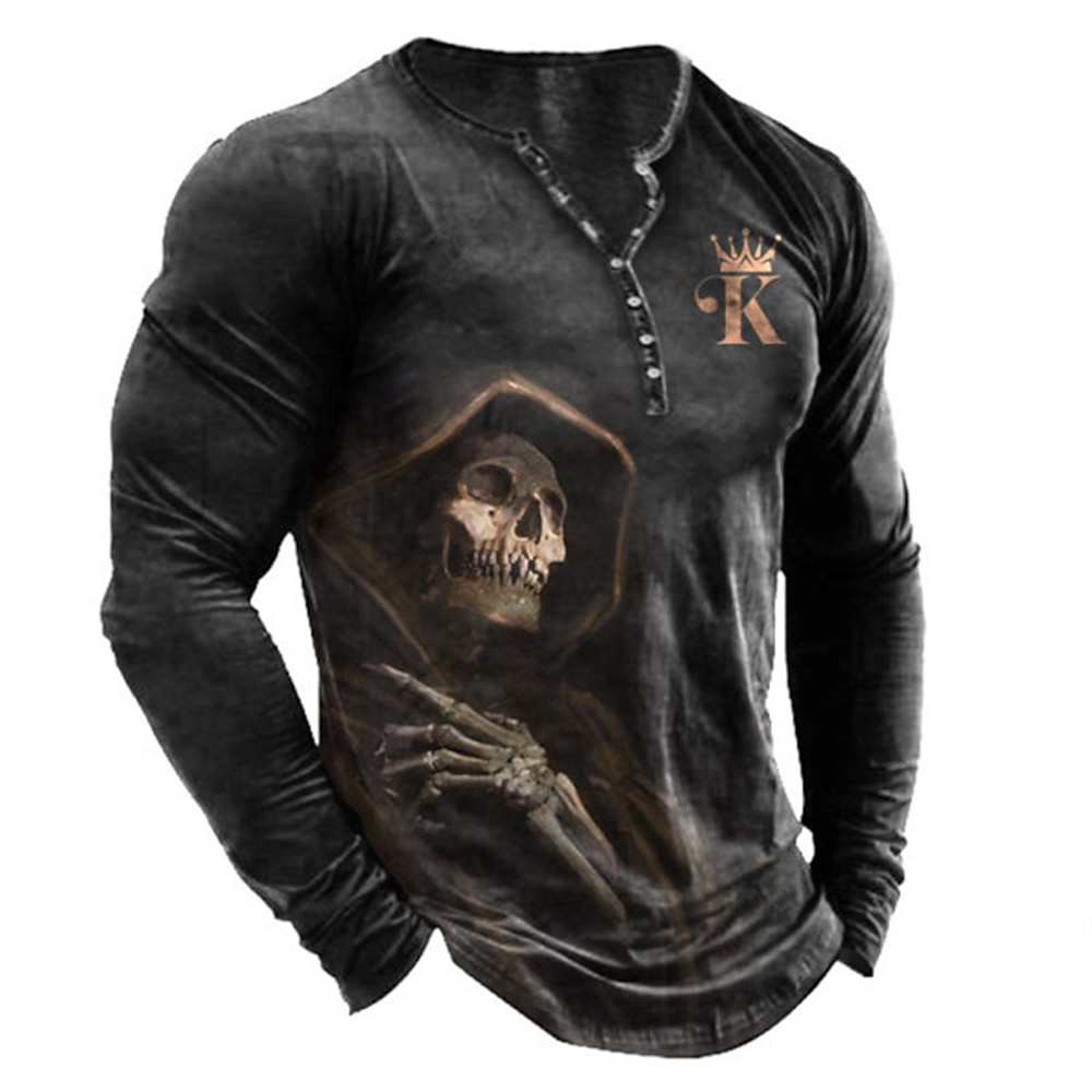 Herren T-Shirt T-Shirt Henley Shirt Tee Graphic Skull Henley Schwarz Weiß Blau Grün Grau 3D Druck Plus Größe Outdoor Täglich Langarm Button-Down Druck Kleidung Designer Stylish Vintage Basic Lightinthebox