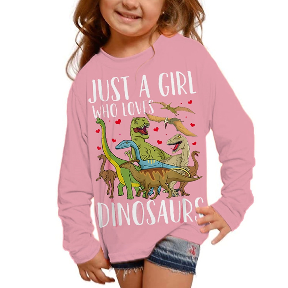 Rosa Dinosaurier-T-Shirt mit 3D-Motiv für Mädchen, langärmlig, 3D-Druck, Herbst, Winter, aktiv, modisch, täglich, Polyester, Kinder 3-12 Jahre, Outdoor, täglich, normale Passform Lightinthebox