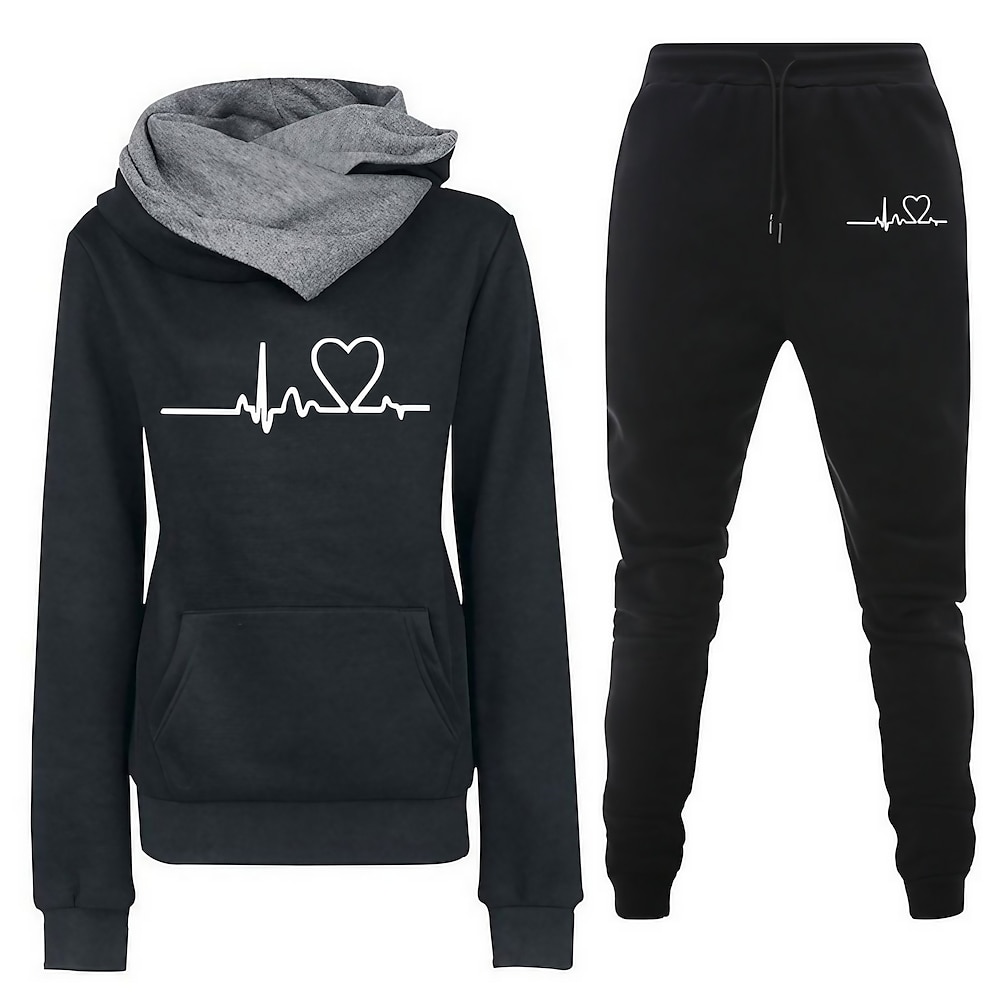 Damen Warm Sport Hoodie Sweatshirt Kapuze Trainingsanzug Hosen-Sets Jogginghose Jogger Hosen Hose Langarm Mit Kapuze Herz Kordelzug Bedruckt Outdoor Casual Schwarz Blau Grün Herbst Winter Regular Fit Lightinthebox
