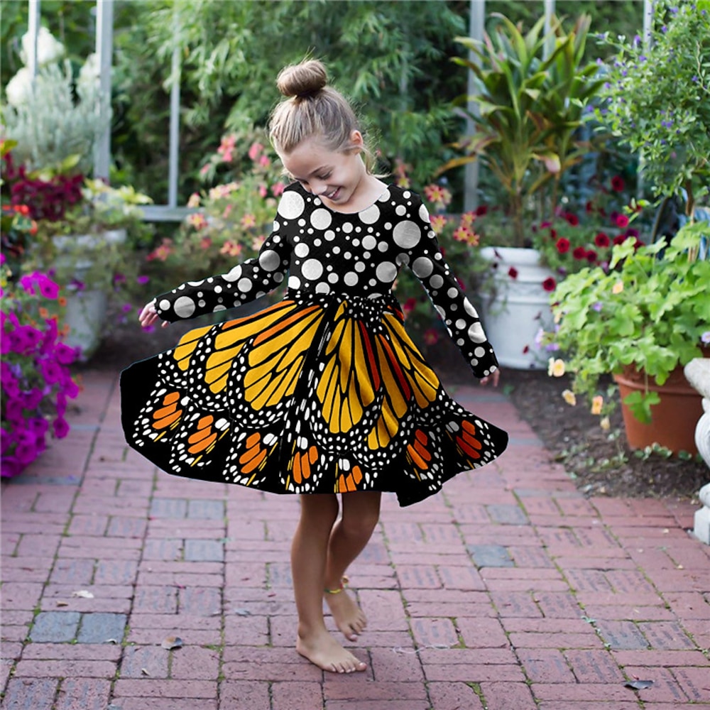 Kinder Wenig Mädchen Kleid Tier Schmetterling A Linie Kleid Täglich Festtage Urlaub Bedruckt Blau Purpur Rosa Übers Knie Langarm nette Art Casual Süß Kleider Herbst Winter Regular Fit 3-10 Jahre Lightinthebox