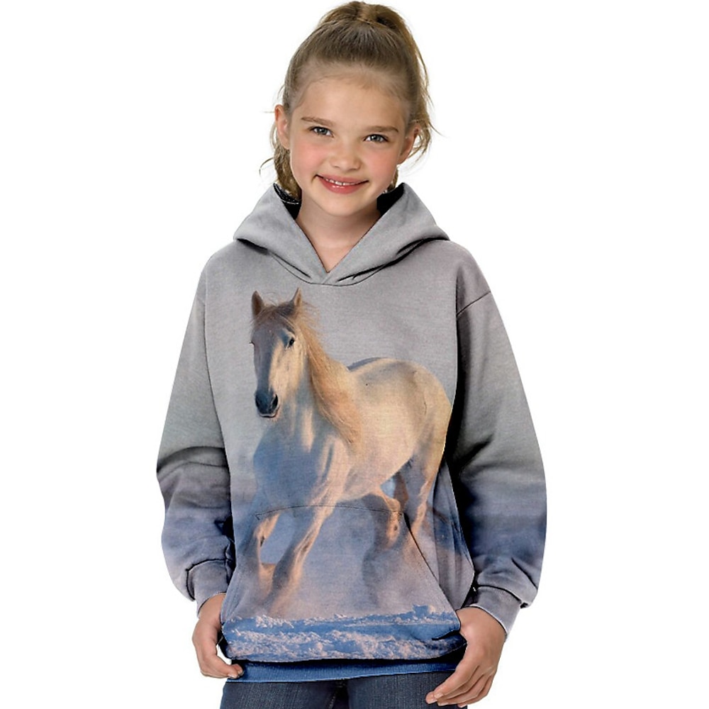 Kinder Mädchen Kapuzenshirt Langarm 3D-Druck Pferd Tier Tasche Blau Kinder Oberteile Herbst Winter Modisch Strassenmode bezaubernd Täglich Innen Outdoor Regular Fit 3-13 Jahre Lightinthebox