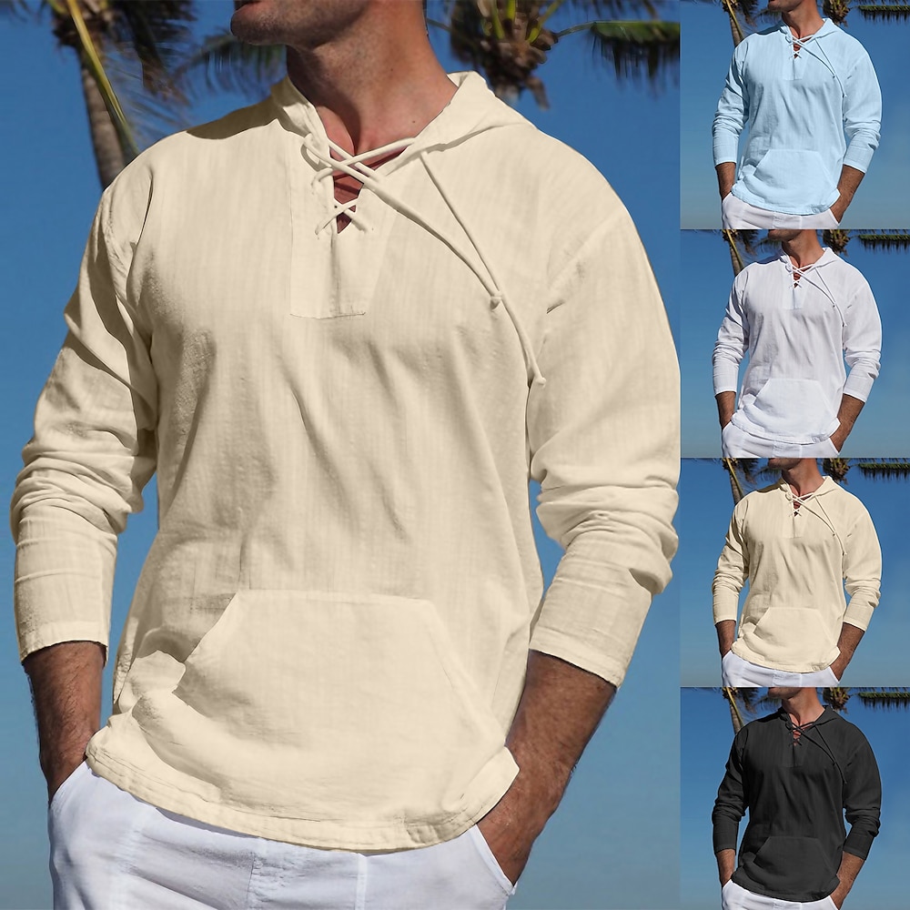 Herren Hemd Sommerhemd Strandhemd Feste Farbe Strasse Casual Schwarz Weiß Blau Khaki Langarm Mit Kapuze Sommer Bekleidung Lightinthebox