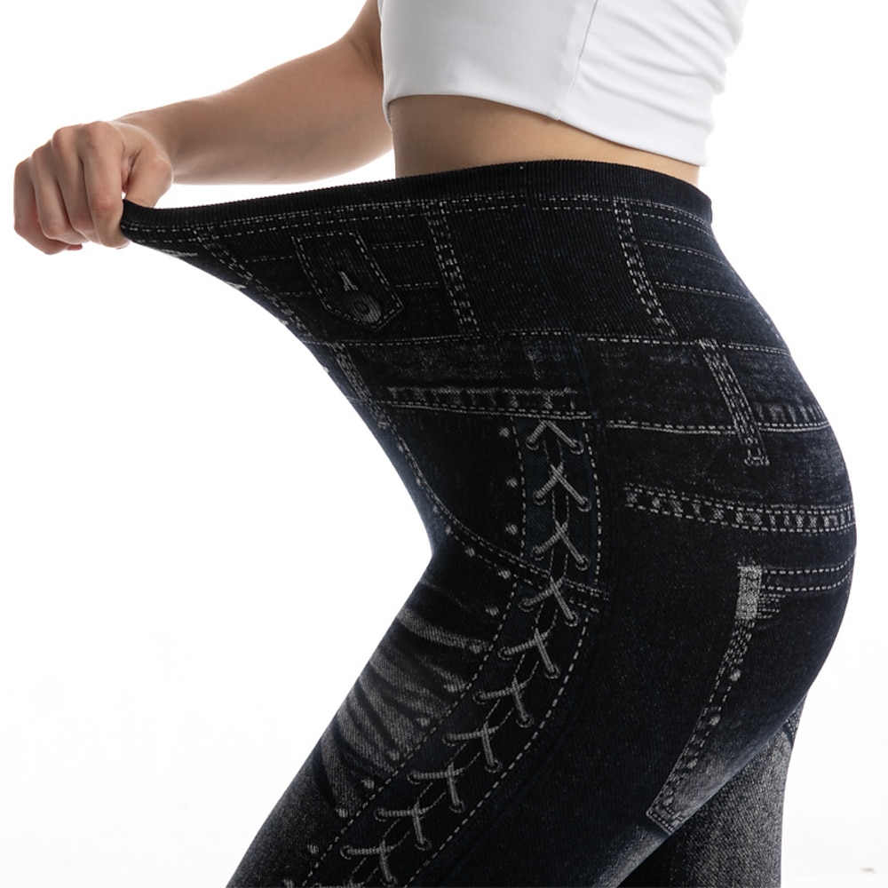 Damen Strumpfhosen Hosen Hose Faux Denim Glatt Hoher Taillenbund In voller Länge Schwarz Lightinthebox