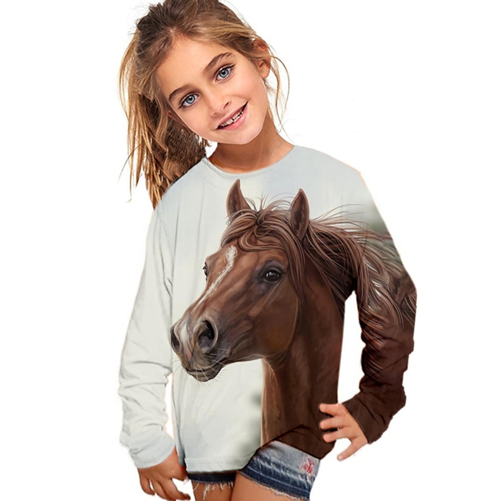 Kinder Mädchen T-Shirt Langarm 3D-Druck Pferd Tier Weiß Kinder Oberteile Herbst Winter Aktiv Modisch Täglich Outdoor Regular Fit 3-12 Jahre Lightinthebox