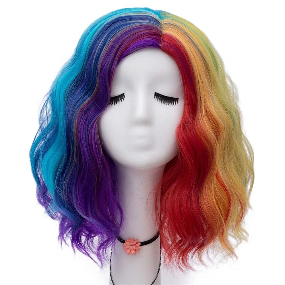 Frauen 16 Zoll mittellange Wasserwelle Regenbogen bunte Mode tägliche Cosplay-Perücke Lightinthebox