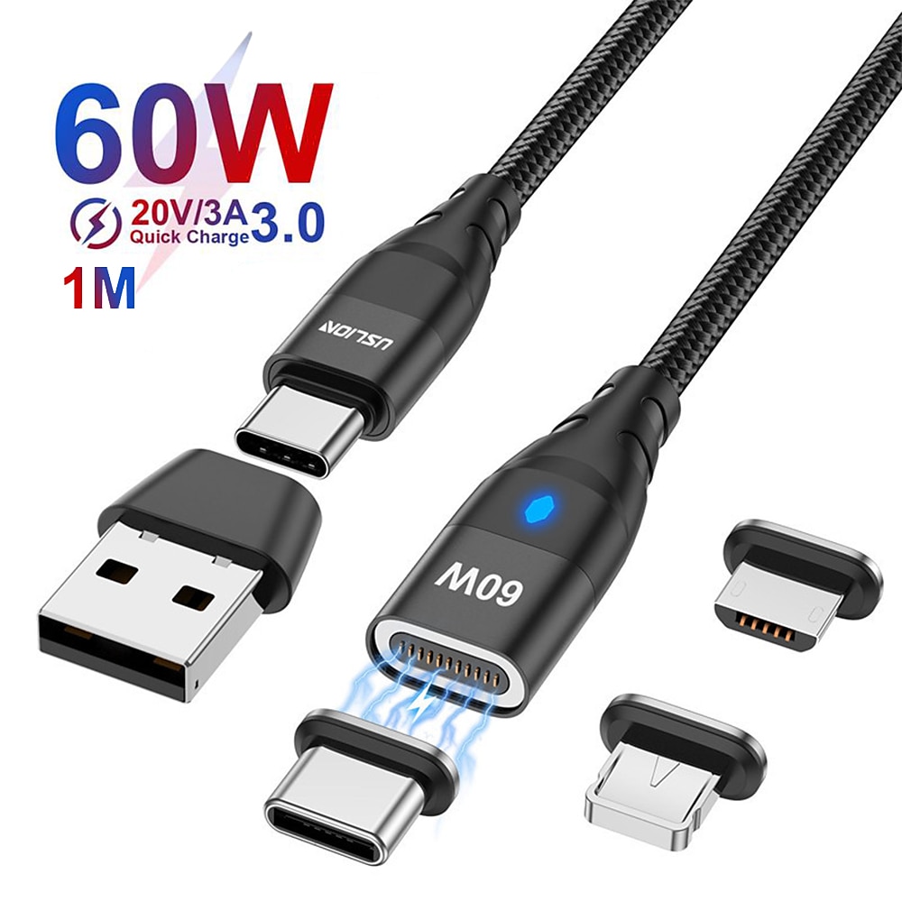 USB 3.0-Kabel 60W 3,3 Fuß USB C zu Lightning / Mikro / USB C 3 A Schnellladen Hohe Datenübertragung Nylon geflochten Langlebig Magnetisch Für MacBook Samsung Xiaomi Handy-Zubehör Lightinthebox