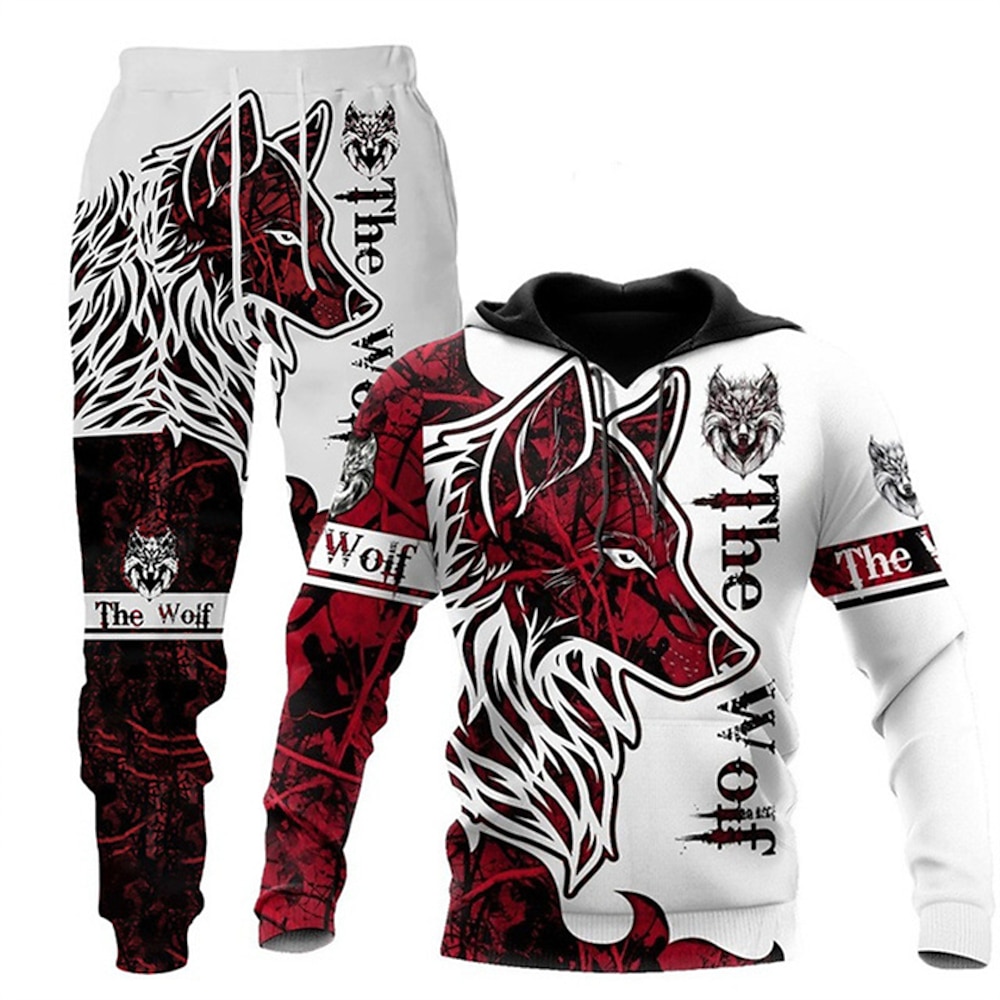 Herren Graphic Tier Wolf 2St Hoodies Langarm Lange Hosen 3D Sweatshirt-Sets Mit Kapuze Strassenmode Designer Basic Sport Natur Casual Sport Bedruckt Rote Lightinthebox