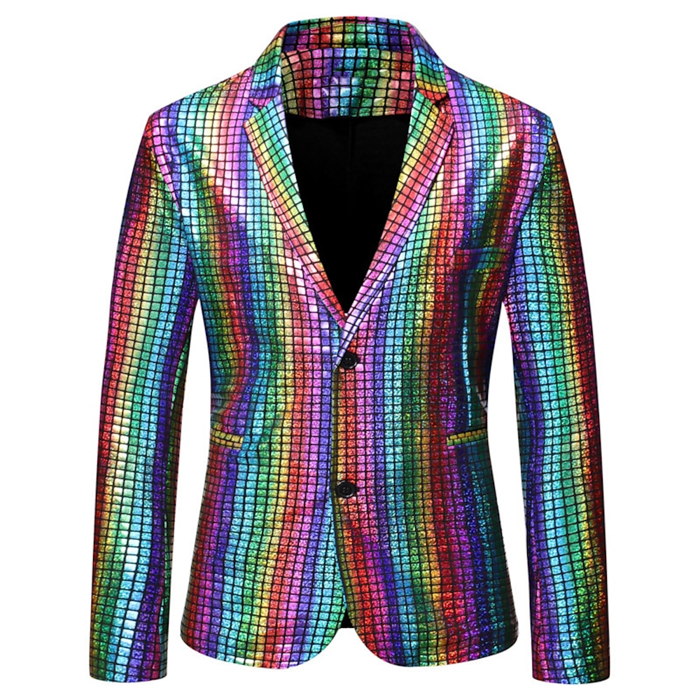 Herren Jacke Blazer Sakko Partyabend Bar Partybevorzugung Vintage Eng Polyester Streifen und Plaid Glitzer Windundurchlässig Einreihiger Verschluss Blazer Silber Gold Regenbogen Lightinthebox