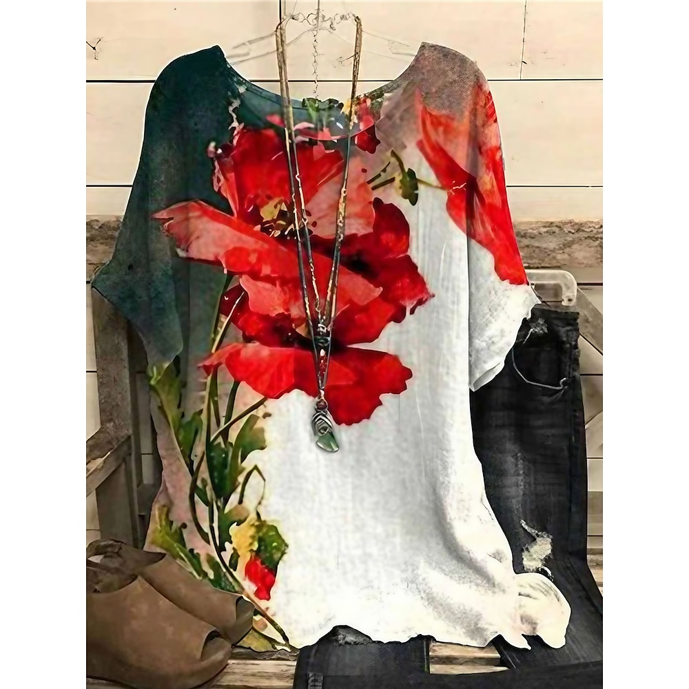 Damen Übergröße Hemd Bluse Vintage Strassenmode Urlaub Blumen Normale Oberteile Kurzarm Dolman-Ärmel Rundhalsausschnitt Bedruckt Regular Fit Urlaub Täglich Gelb Rote Sommer Frühling Lightinthebox