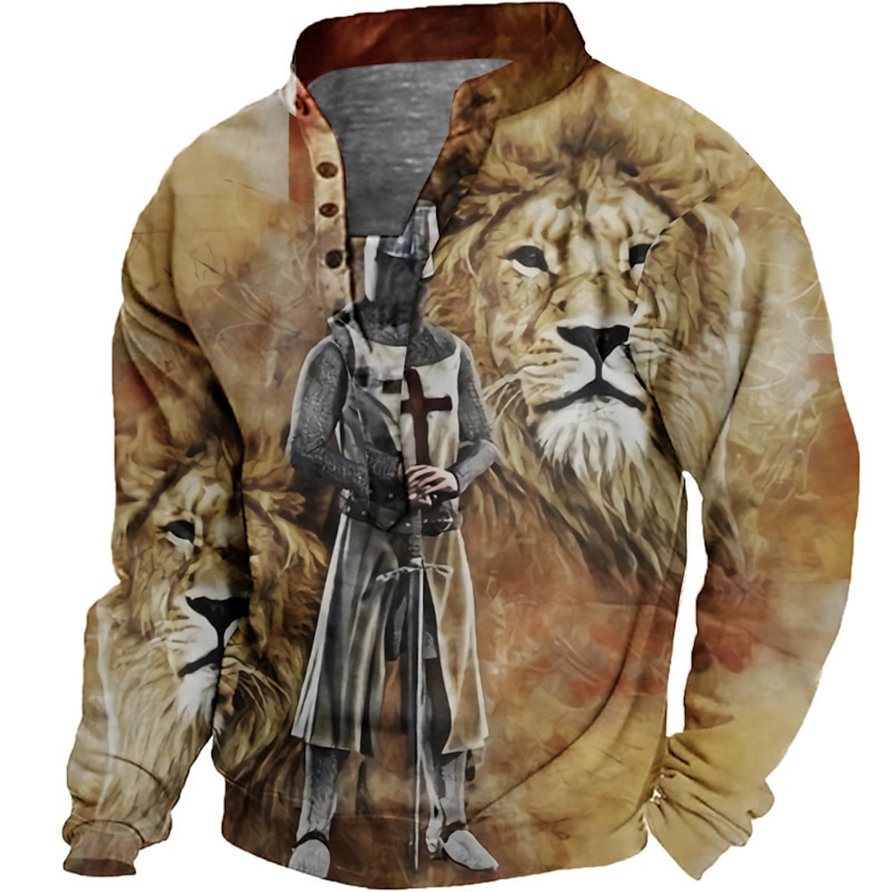 Herren Unisex Löwe Tempelritter Grafik-Drucke Sweatshirt Pullover Zur Seite fahren Kapuzenpullover mit Knöpfen Langarm Sweatshirt Stehkragen Strassenmode Designer Brautkleider schlicht 3D-Druck Lightinthebox