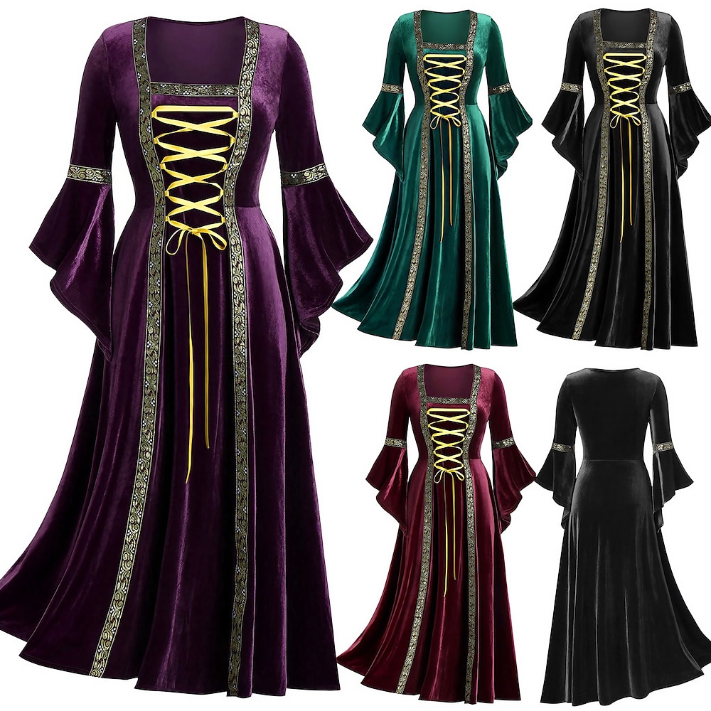 Mittelalterlich Renaissance Vintage-Kleid Maxi Kleid Eine Glocke Vikinger HEXEN Elfen Bauchkontrolle Feste Farbe Quadratischer Ausschnitt Damen Keltisch königlich Halloween Karneval Maskerade Abiball Lightinthebox