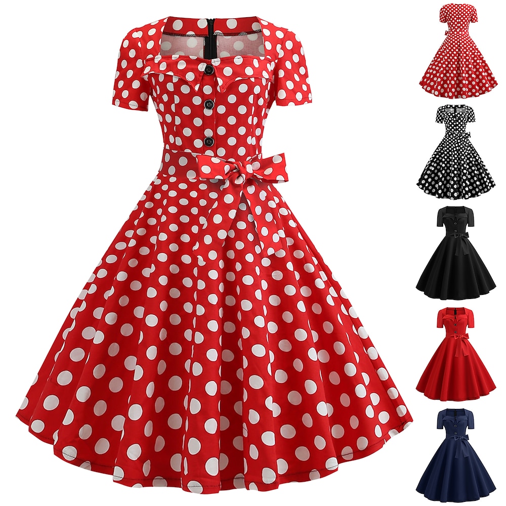 Tupfen Retro Vintage 1950er Kleid Partykostüm Ausgestelltes Kleid Einfarbig Tupfen A-Linie Damen Karneval Maskerade Abschlussball Teegesellschaft Junggesellinnenabschiedsparty Erwachsene Kleid Lightinthebox