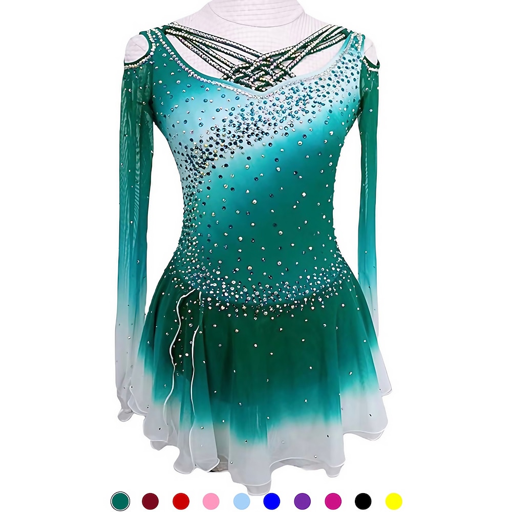 Eiskunstlaufkleid Damen Mädchen Eislaufen Kleider Austattungen Schwarz Gelb Rosa Rückenfrei Spandex Hochelastisch Ausbildung Wettbewerb Eiskunstlaufkleidung Kristalle Langarm Eislaufen Eiskundstlauf Lightinthebox