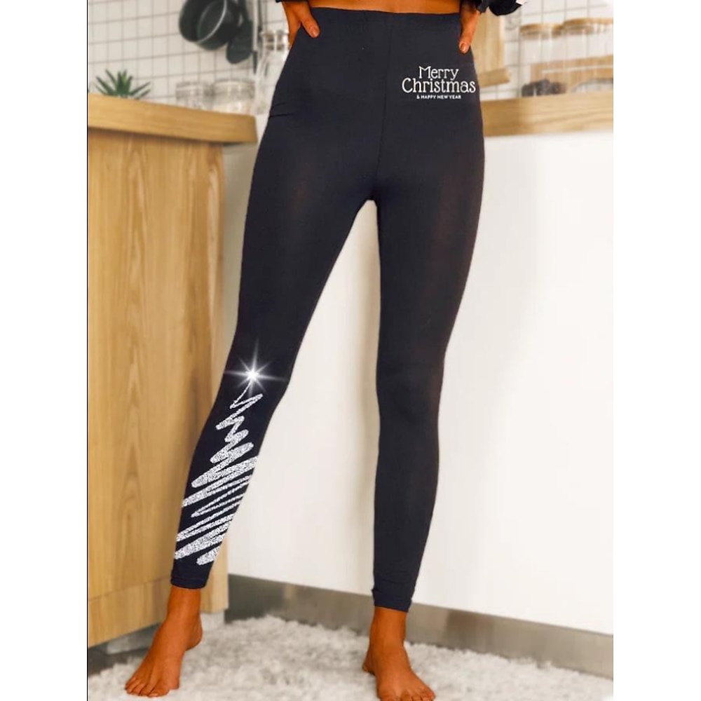 Leggings für Damen mit Weihnachtsbaum-Print, hohe Taille, dehnbar, schwarz-weiß, Urlaubsthema, lässiges Workout, volle Länge Lightinthebox