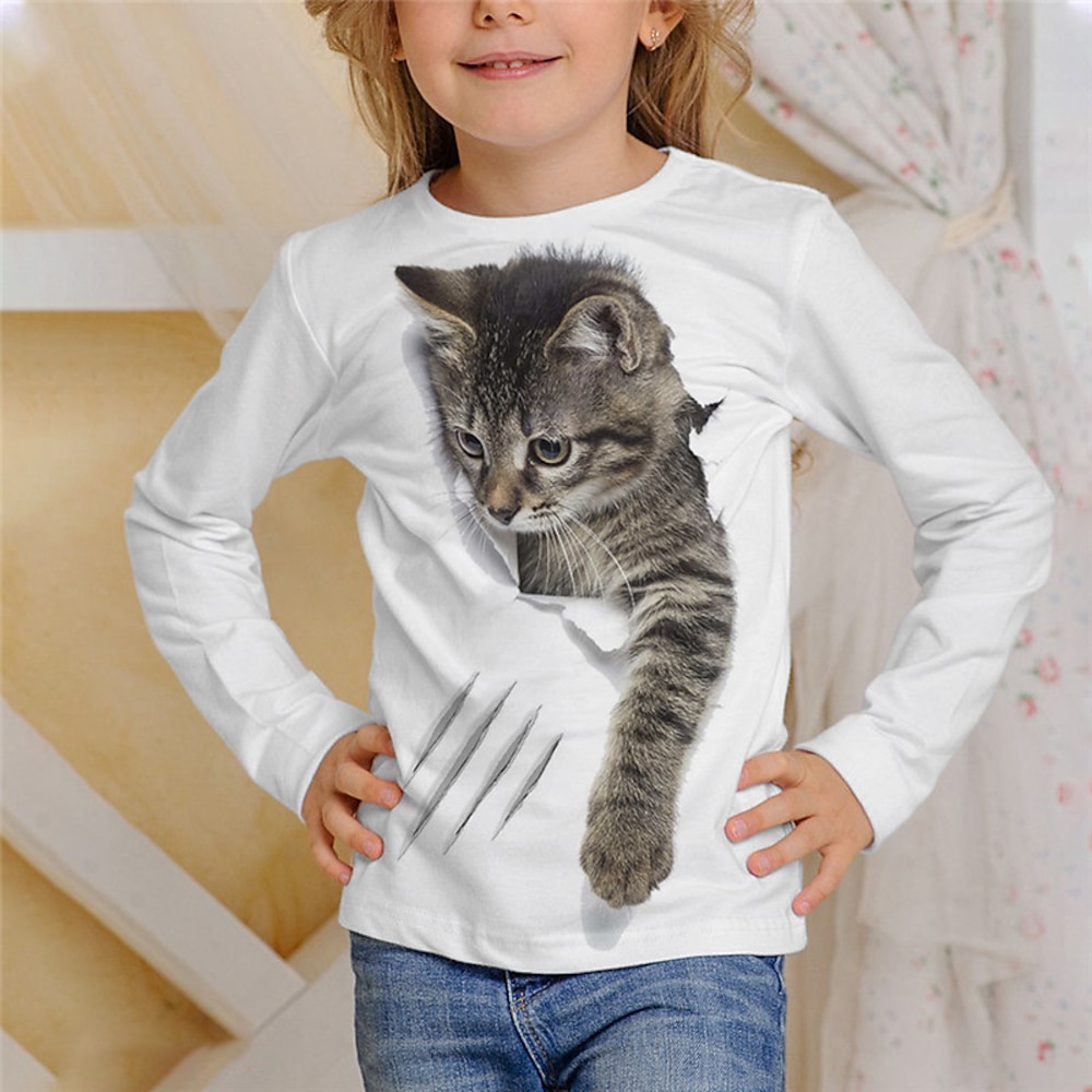 Kinder Mädchen T-Shirt Langarm 3D-Druck Tier Katze Weiß Schwarz Grau Kinder Oberteile Herbst Winter Aktiv Sport Modisch Outdoor Täglich Innen Regular Fit 3-12 Jahre Lightinthebox