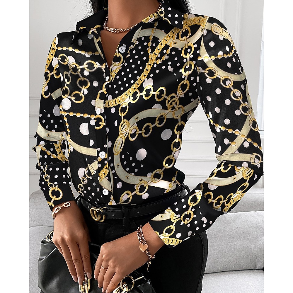 Damen Hemd Bluse Taste Bedruckt Casual Modisch Langarm Hemdkragen Schwarz Frühling Herbst Lightinthebox