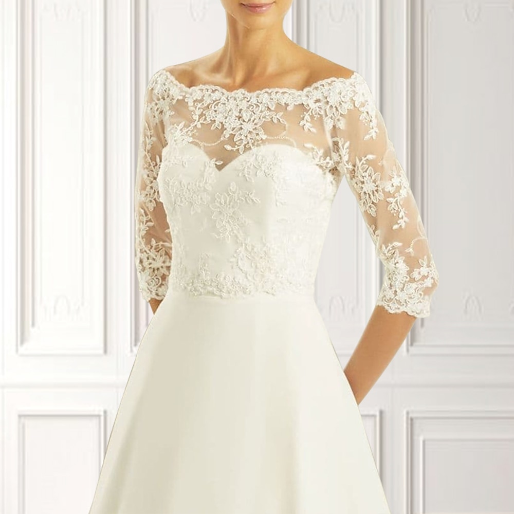 Braut Bolero Wickel Bolero Elegante Braut Bolero mit 3/4 Ärmeln Spitze Hochzeit Wraps mit Schnürung für Hochzeit Frühlingamp;Sommerkleid zum Beeindrucken 2025 Lightinthebox