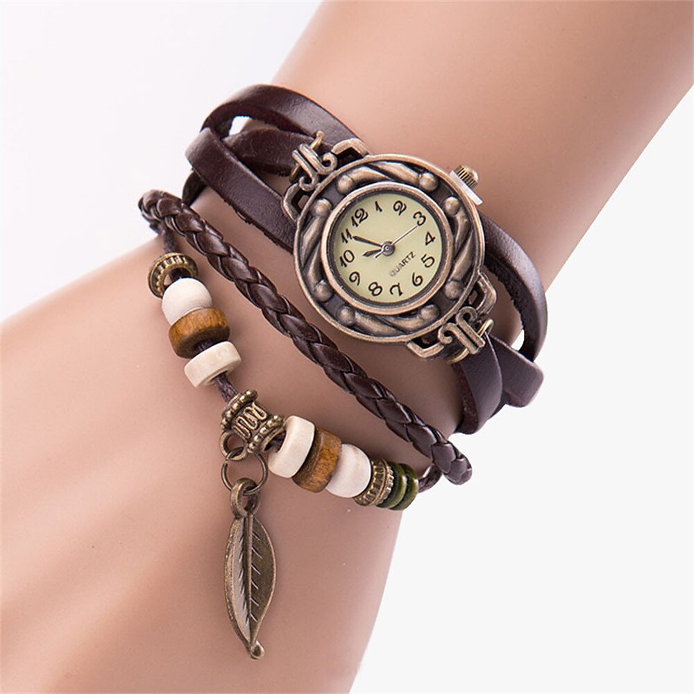 Damen-Quarz-Armbanduhr, Modegewebe, Wrap-around-Leder-Armbanduhr, klassisches Armband-Uhrenset Lightinthebox