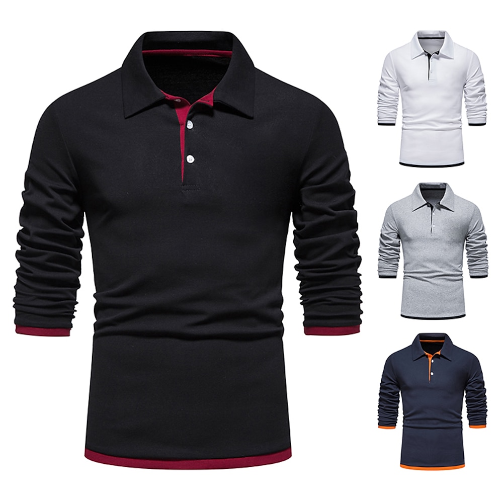 Herren Poloshirt Golfhemd Casual Täglich Klassischer Kragen Umlegekragen Langarm Brautkleider schlicht Farbblock Knopf vorne Frühling Sommer Regular Fit Schwarz Weiß Marineblau Hellgrau Poloshirt Lightinthebox