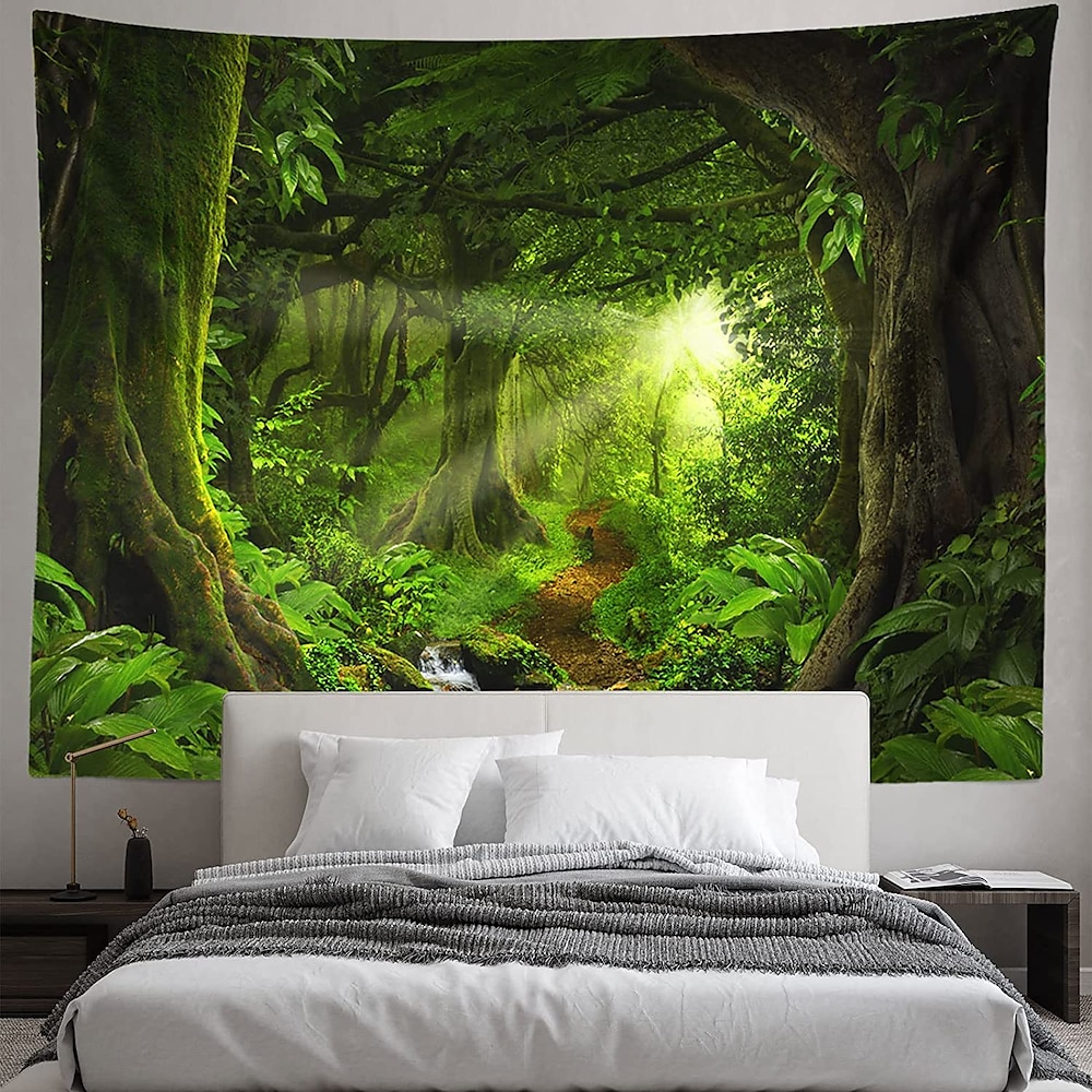 Landschaft groß Wandteppich Baum Höhle Natur Wandteppich Wandbehang nebliger Baum Wandteppich Dschungel Bach Wandteppich Sonnenschein durch Baum für Schlafzimmer Wohnzimmer Wandtuch XXL Natur Lightinthebox