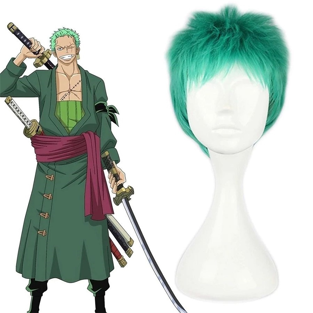 Mcoser Roronoa Zoro One Piece Perücke, kurz, grün, flauschig, Kunsthaar, hitzebeständige Faser, Cosplay-Perücke, Perücken, Halloween-Perücken Lightinthebox