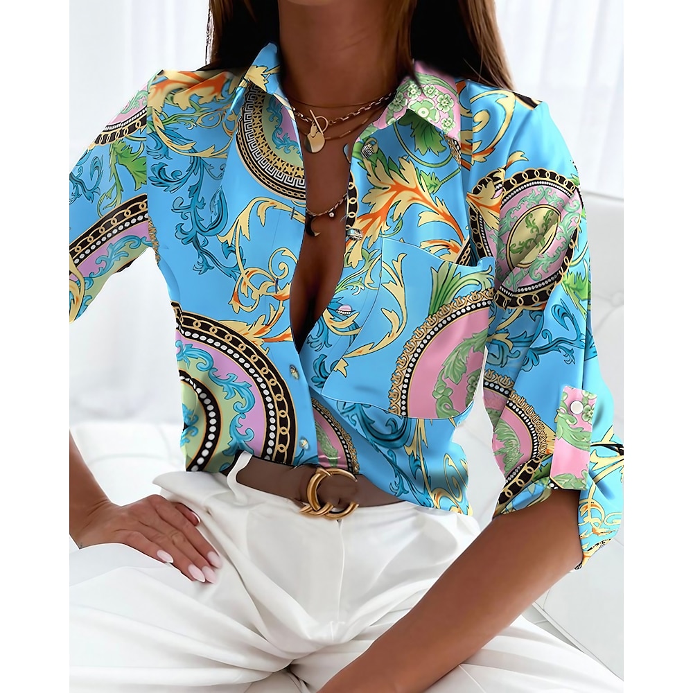 Damen Hemd Boho Hemd Bluse Vintage Streetwear Casual Blumenmuster Streifen Buchstabenknöpfe Taschendruck Langarm Normale Oberteile Hemdkragen Schwarz Weiß Blau Lila Fuchsia Frühling Herbst Lightinthebox