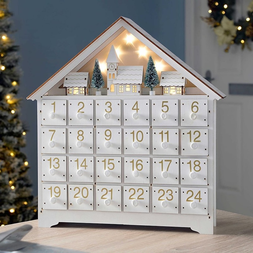 Weihnachts-Adventskalender, Holzhaus, LED-Leuchten, 24 Tage Countdown, Aufbewahrung, Organisation, Figuren, Zimmer, Wohnkultur, 2024, Neuigkeiten Lightinthebox