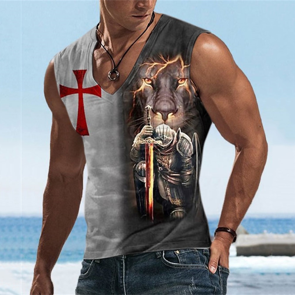 Herren Löwe Kreuz der Templer Grafik-Drucke Kreuz Tank Top Ärmelloses T-Shirt für Männer Ärmellos T-Shirt 3D-Druck V Ausschnitt Hemd Basic Klassisch Brautkleider schlicht Täglich Sport Ausgehen Lightinthebox