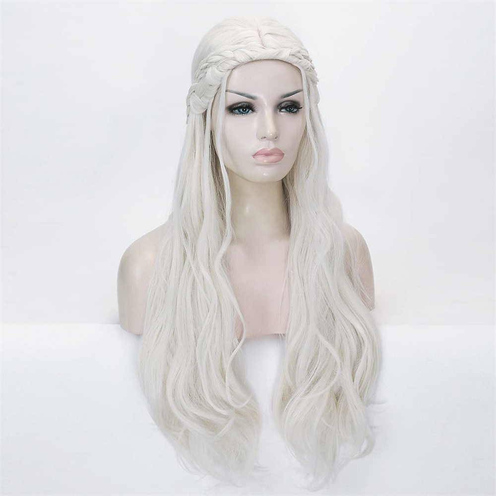 Haus des Drachen Daenerys Targaryen Perücke lange lockige Zöpfe Perücke für Frauen blonde Fee Elf Cosplay Haar Perücke Partyzubehör Perückenkappe Lightinthebox