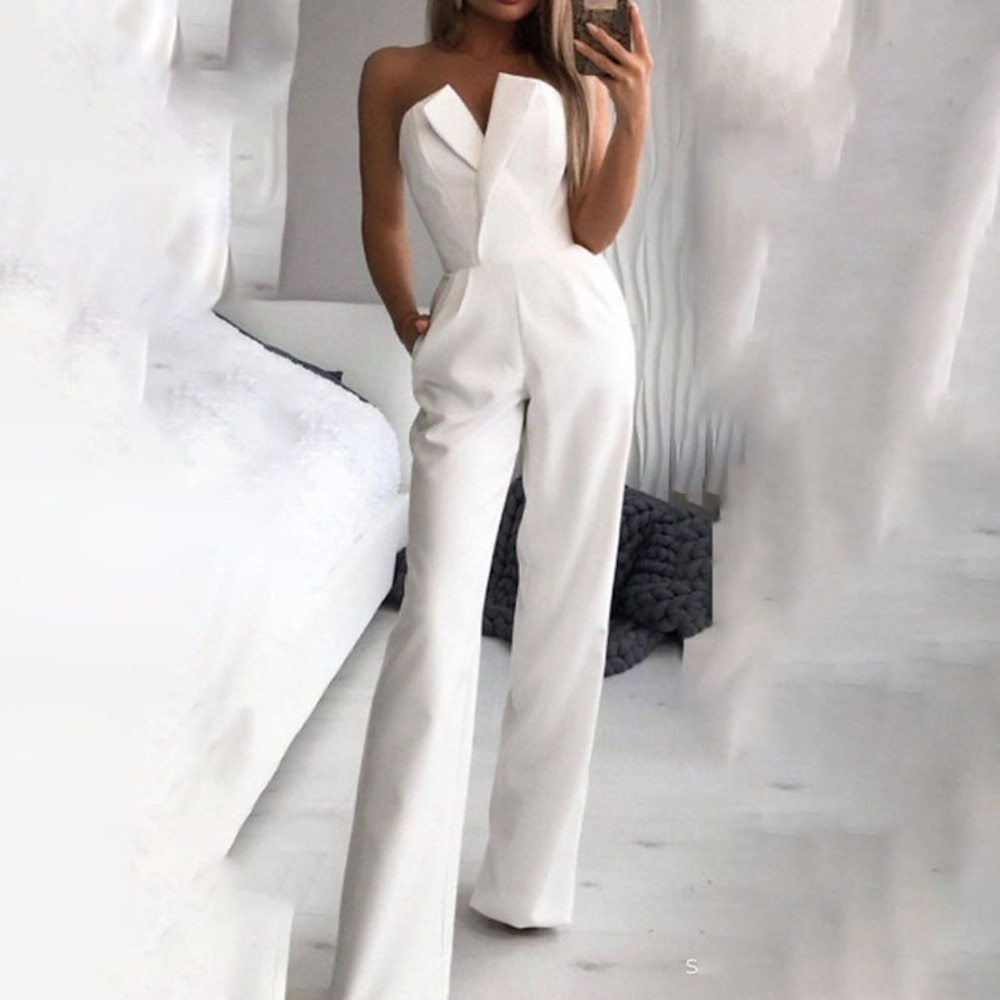 Damen Normal Jumpsuit Elegant Feste Farbe Ärmellos Trägerlos Hohe Taillenlinie Hochzeit Strasse Regular Fit Weiß Rote Herbst Lightinthebox