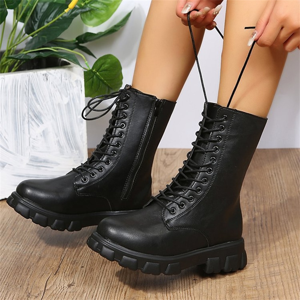 Damen Stiefel Plateaustiefel Springerstiefel Übergrössen Outdoor Täglich Stiefel mit mittlerer Wade Schnürsenkel Plattform Runde Zehe Punk Brautkleider schlicht Minimalismus Wanderschuhe PU Leder Lightinthebox