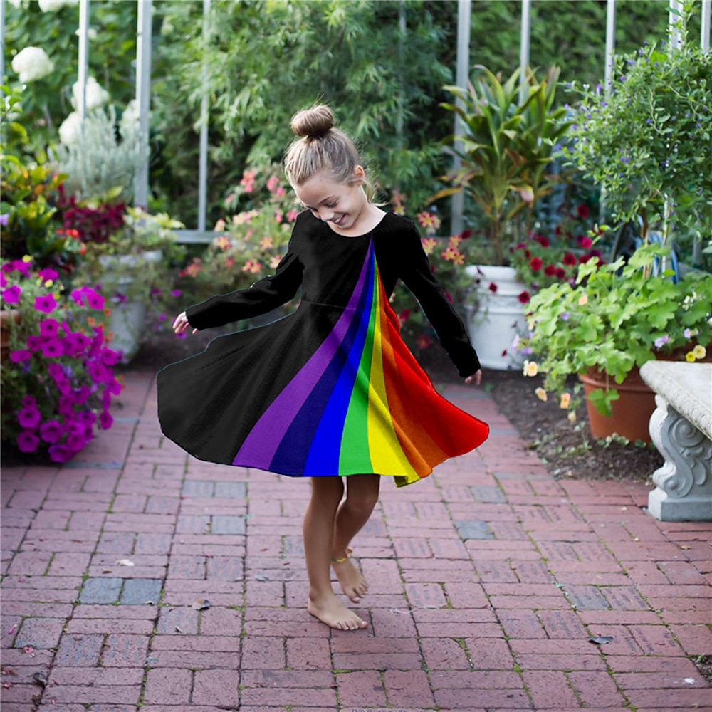 Kinder Wenig Mädchen Kleid Regenbogen A Linie Kleid Täglich Festtage Urlaub Bedruckt Schwarz Übers Knie Langarm nette Art Casual Süß Kleider Herbst Winter Regular Fit 3-10 Jahre Lightinthebox