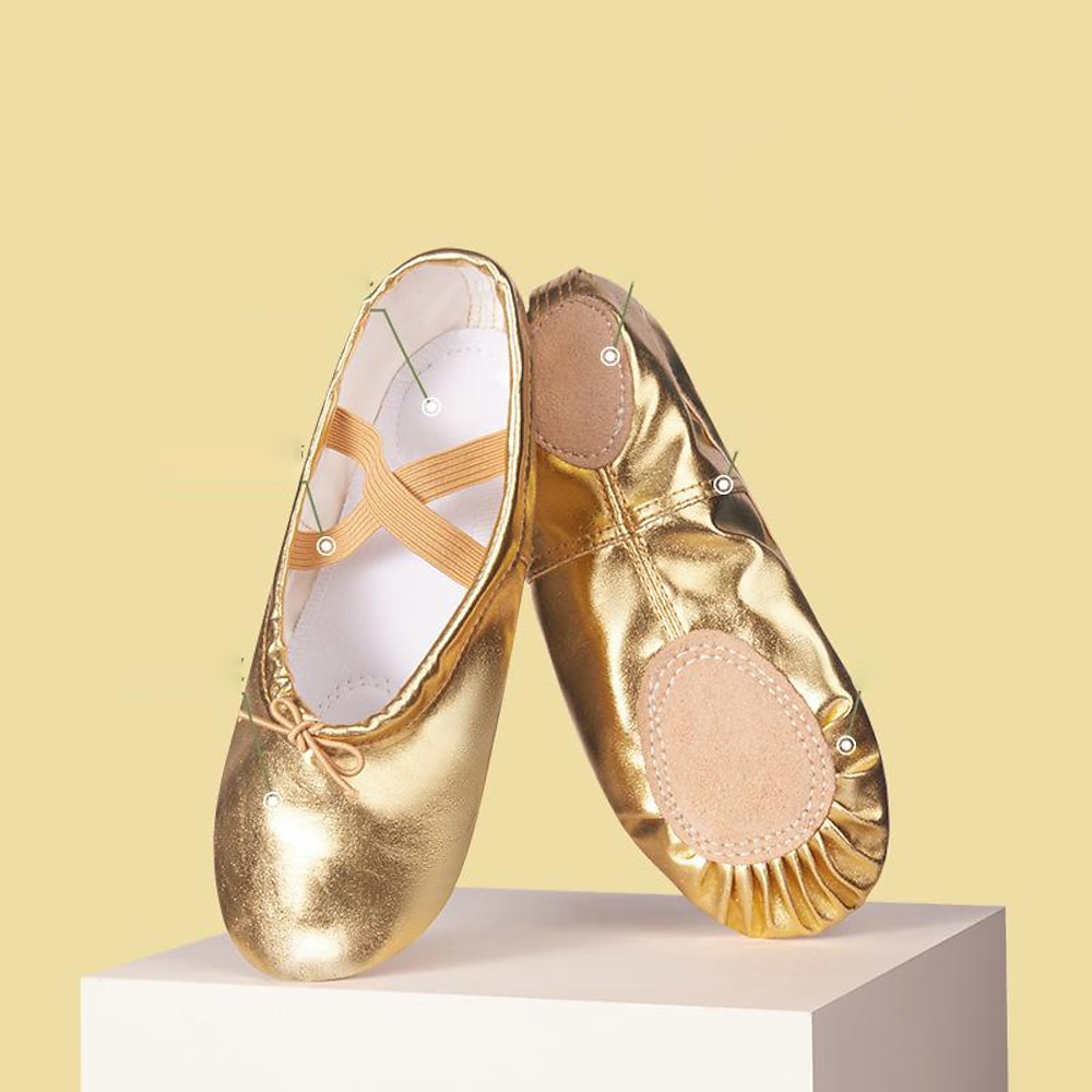 goldene Ballerinas für Mädchen mit elastischen Riemen - weiche Tanzschuhe aus Leder für Ballettunterricht und Auftritte Lightinthebox