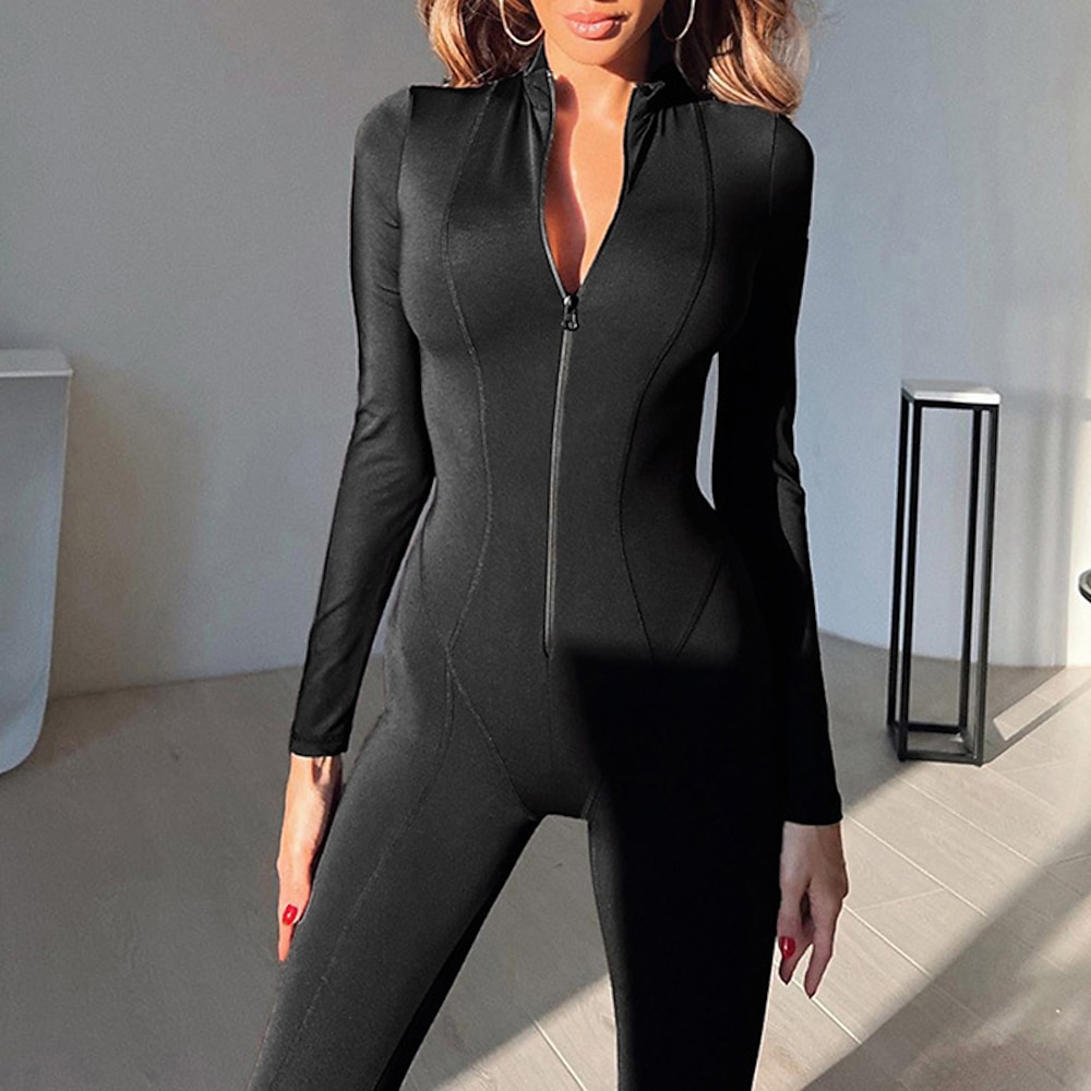 Damen Jumpsuit Zip Feste Farbe Rundhalsausschnitt Aktiv Bodycon Strasse Sport Regular Fit Langarm Braun Weiß Schwarz S M L Winter Lightinthebox