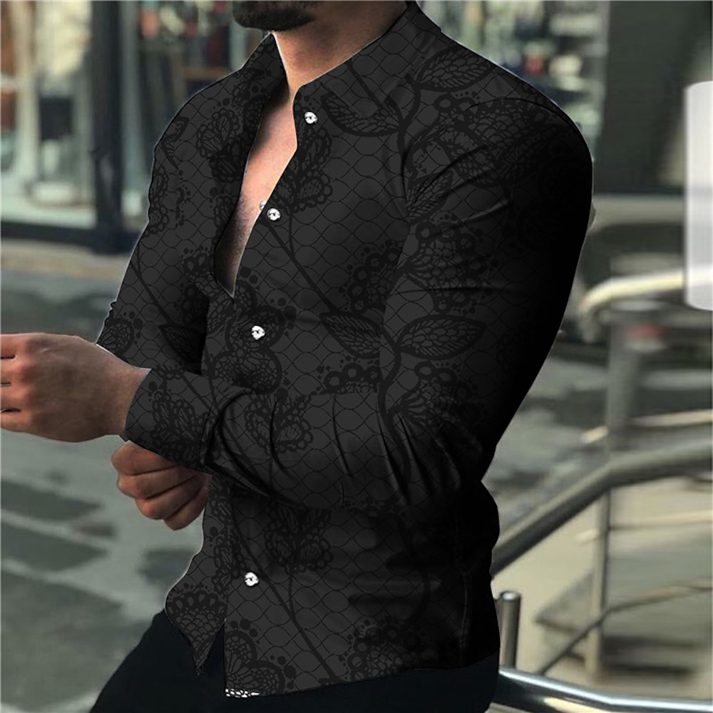 Herren Blumen Hemd Knopfhemd Langarm Modisch Designer Brautkleider schlicht Outdoor Casual Festtage Herbst Winter Umlegekragen Bedruckt Button-Down Schwarz Lightinthebox