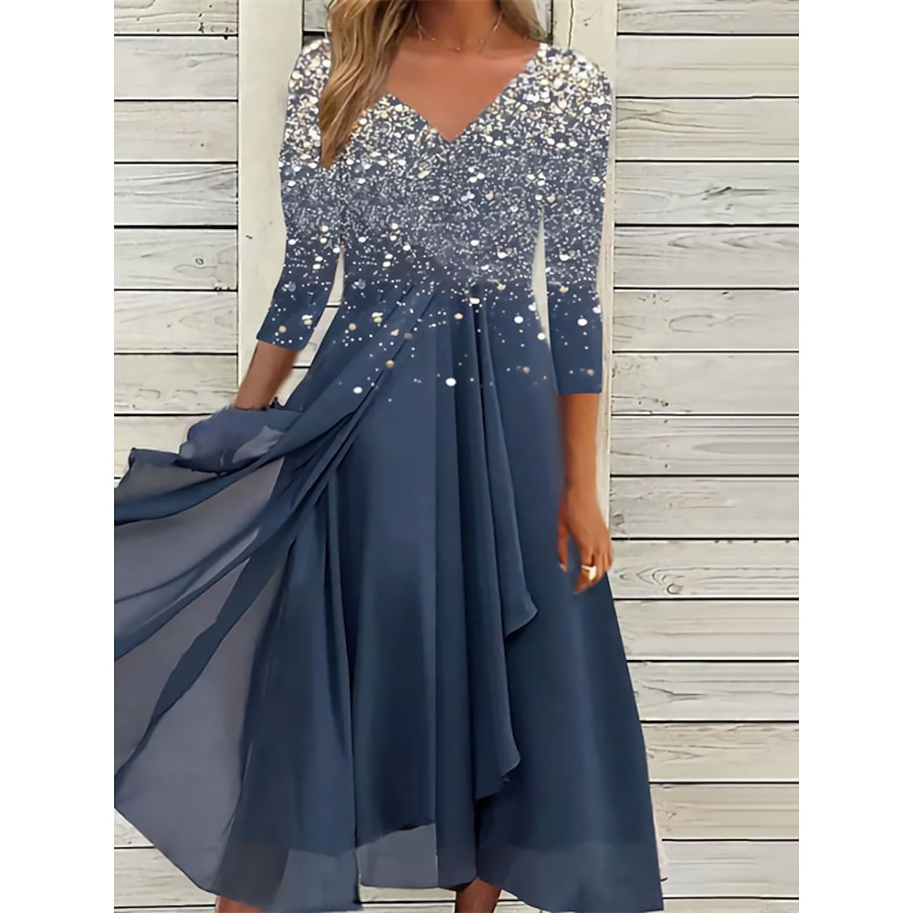 damen swingkleid midikleid schwarz blau lila 3/4 ärmel einfarbig bedruckt sommer frühling herbst v-ausschnitt reifen 2023 s m l xl xxl 3xl 4xl 5xl Lightinthebox