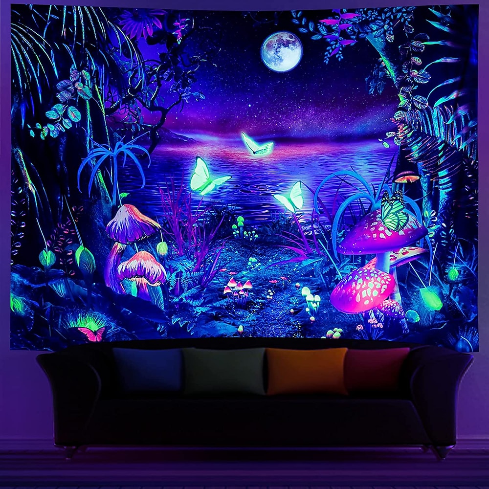 Schwarzlicht-Wandteppich, UV-reaktiv, im Dunkeln leuchtend, Neon-Schmetterlinge, psychedelisch, trippig, neblig, Wandteppich, Wandbild für Wohnzimmer, Schlafzimmer Lightinthebox