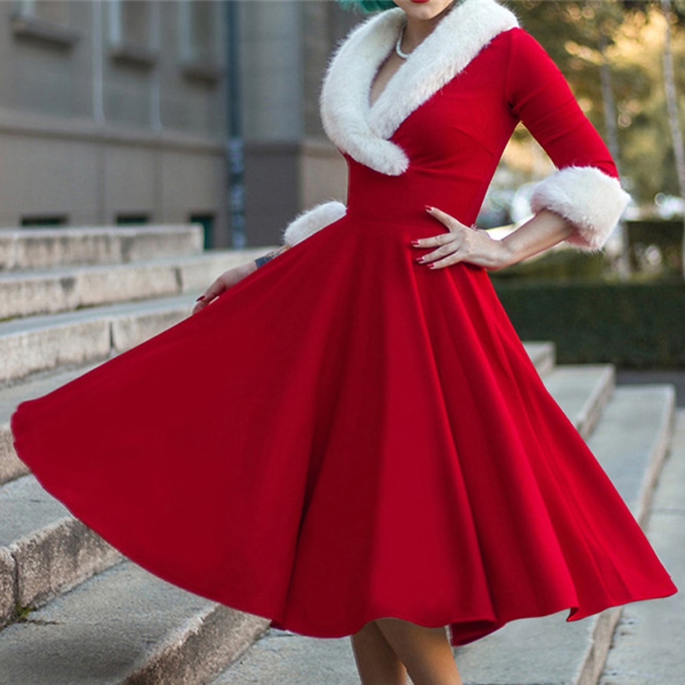 Damen Vintage Swing Kleid V-Ausschnitt Plüsch Pelzkragen und Manschetten rot weiß festlich Urlaub Party Retro Stil Midi ausgestellter Rock elegante Winter Herbst Kleidung Bekleidung Lightinthebox