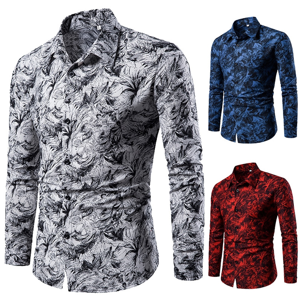 Herren Blumen Ölgemälde Hemd Langarm Modisch Designer Leicht Hochzeit Party Urlaub Umlegekragen Bedruckt Weiß Rote Blau Lightinthebox