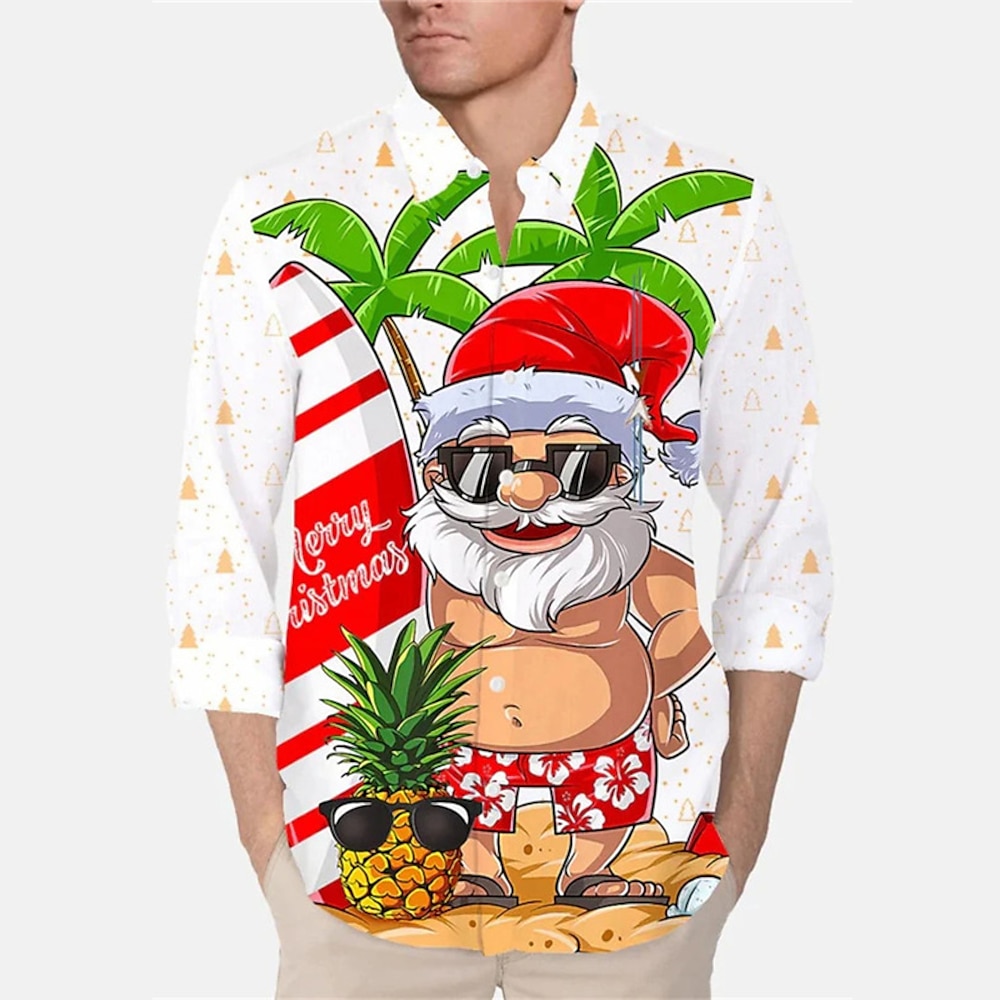 Weihnachts-Herren-Shirts mit lustigem Weihnachts-Print, Weihnachtsmann-Umlegekragen, weiß rot, grün, schwarz, Armeegrün, rot, 3D-Druck, Outdoor, langärmelig, Button-Down-Print, Kleidung, Lightinthebox