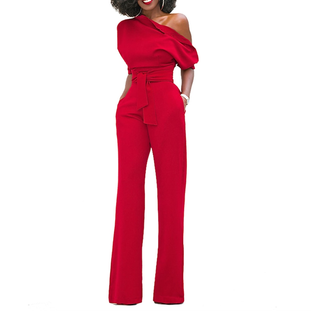 Damen Jumpsuit Tasche Hohe Taillenlinie Feste Farbe Ein-Schulter Elegant Ausgefallene Hochzeit Party Regular Fit Halbe Ärmel Schwarz Weiß Gelb S M L XL Herbst Lightinthebox