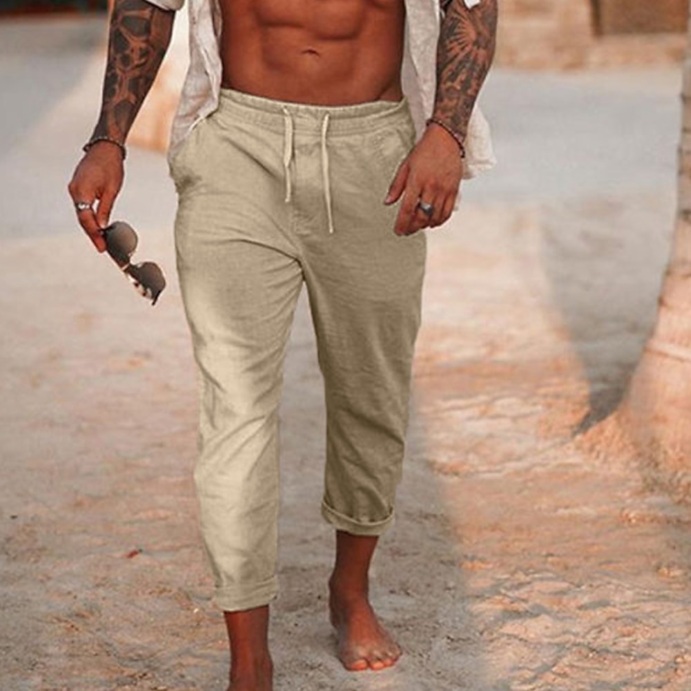 Herren Leinenhose Hose Hosen Sommerhosen Kordelzug Elastische Taille Glatt Komfort Atmungsaktiv Täglich Strand Modisch Einfach Schwarz Weiß Mikro-elastisch Lightinthebox