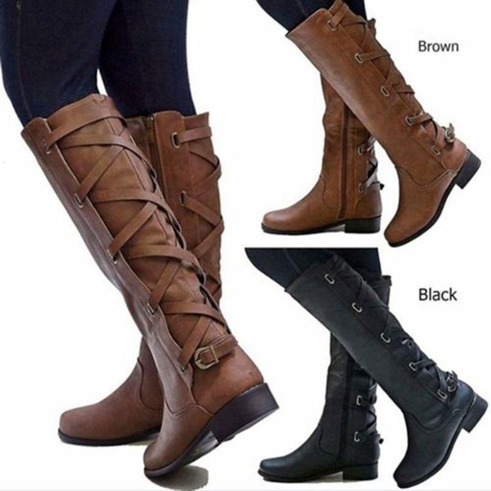 Schwarze Motorradstiefel für Damen mit seitlicher Schnürung und Schnallendetail - stylische Reitstiefel mit hohem Knie Lightinthebox