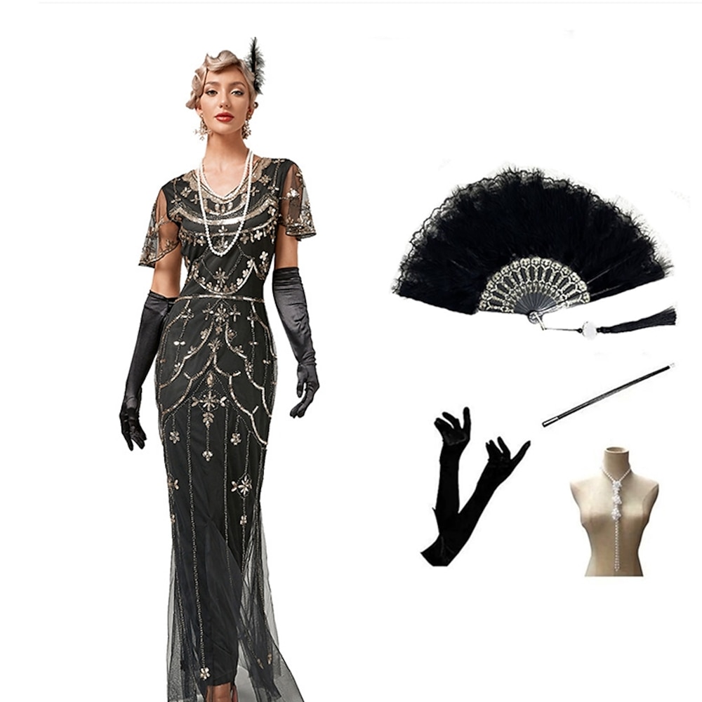 Vintage inspiriert Der große Gatsby Flapper Kleid Kleid Austattungen Normallänge Der große Gatsby Damen Pailletten Pailletten V Ausschnitt Halloween Maskerade Halloween Party-Abendgarderobe Kleid Lightinthebox