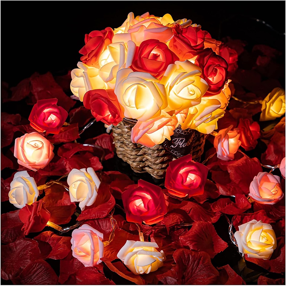 elegante Rosenlichterkette für Hochzeitsfeiern - batteriebetriebene rote/rosa/weiße 6m/3m/2m 40/20/10 LED-Kunstblumengirlande für den Valentinstag Lightinthebox