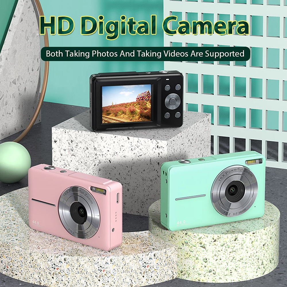 Digitalkamera 1080p 44MP Vlogging-Kamera mit LCD-Bildschirm 16-facher Zoom kompakte tragbare Mini-wiederaufladbare Kamera Geschenke für Studenten, Teenager, Erwachsene, Mädchen, Jungen Lightinthebox