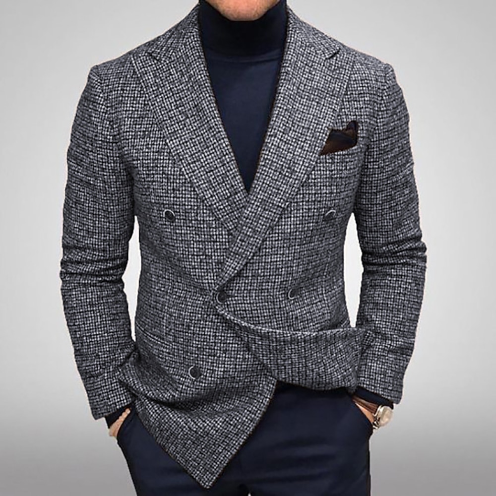 Herren Herbst Tweed Hochzeit Casual Karo/Plaid Blazer Jacke Regular Tailored Fit Blatt Weihnachtsmann Zweireihig Sechs Knöpfe Braun Grau 2024 Lightinthebox